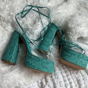 Turquoise, snakeskin heels lace up